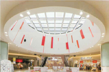 Hanging wall in shopping centre constructed with FG Board, showcasing outstanding dimensional stability and smooth finish. Image
